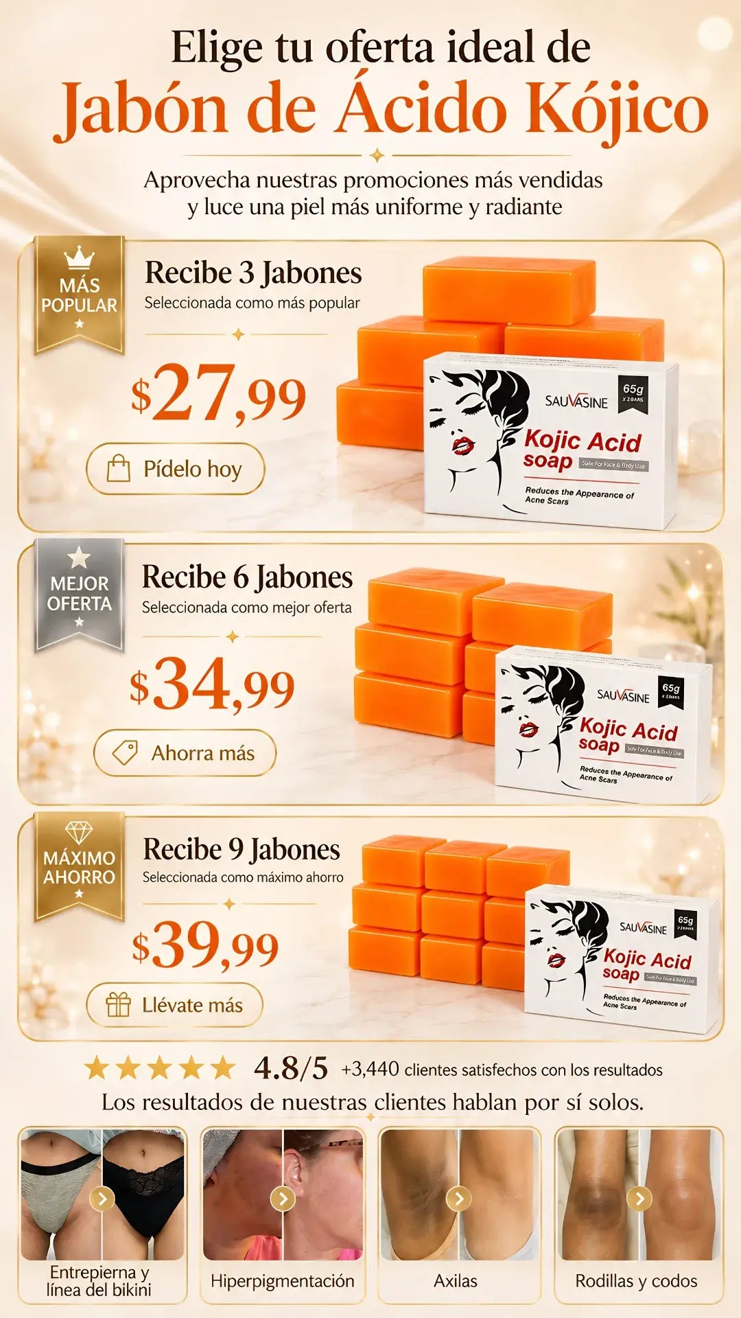 Jabón Kojic Anti-Manchas + Acné, Cicatrices & Tono Desigual-Glow Natural- Promo x3