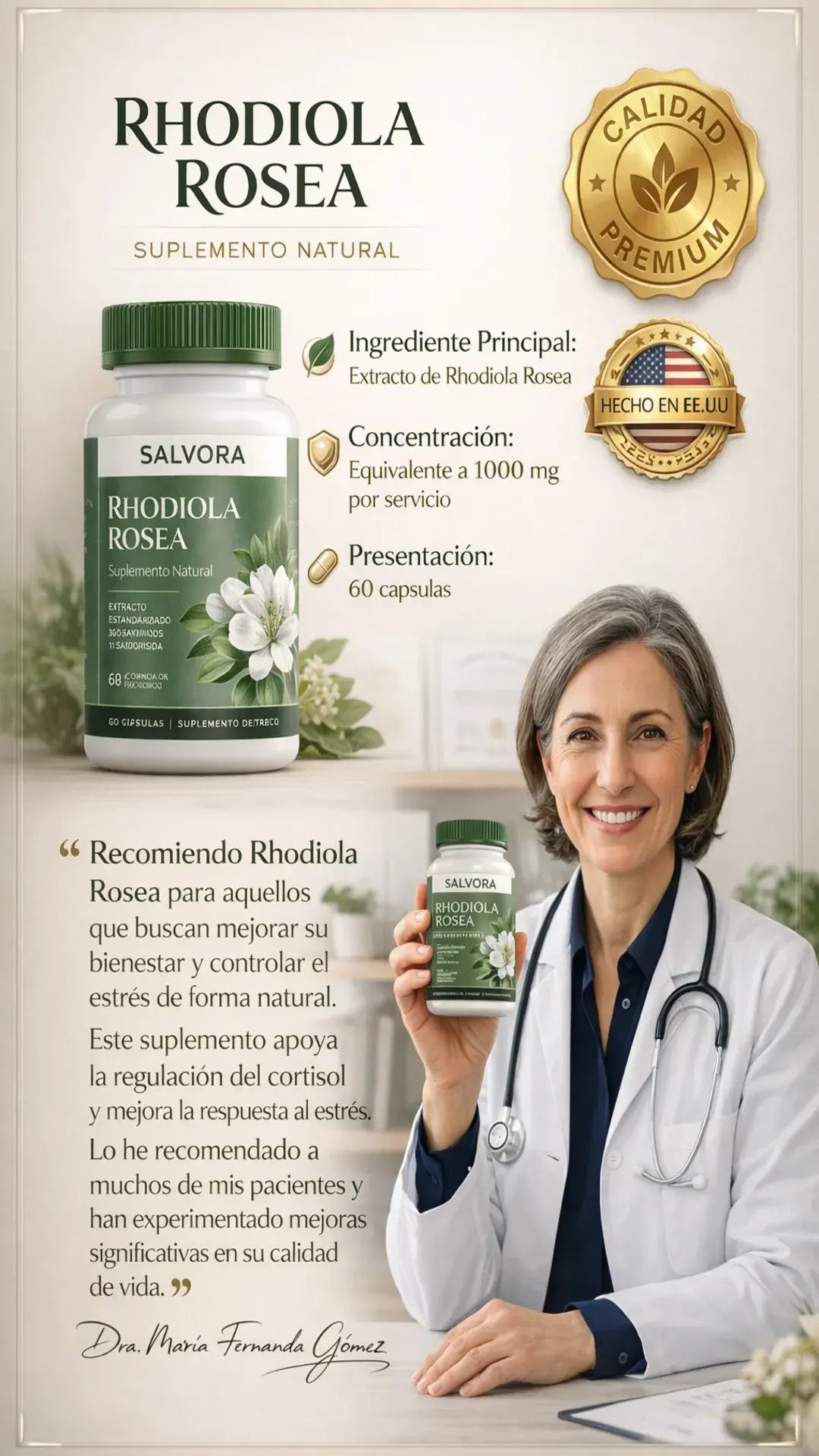 Rhodiola Rosea ®- Equilibrio de Cortisol + Energía Mental- Control de Ansiedad natural