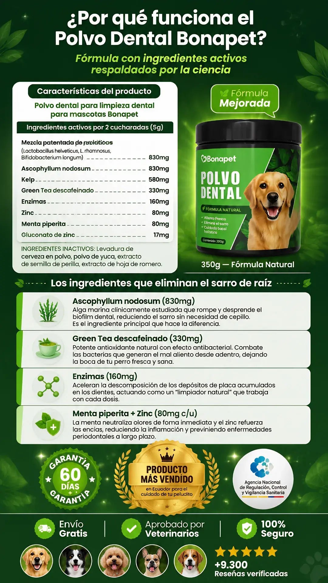 Polvo dental para perros Bonapet -fórmula natural - recomendado por veterinarios