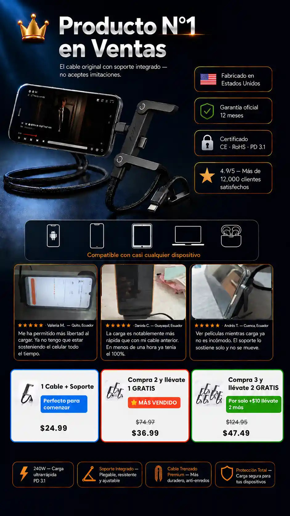 Carga Ultra Rápida 240W + Soporte Invisible Integrado -Carga, mira y usa tu celular cómodamente