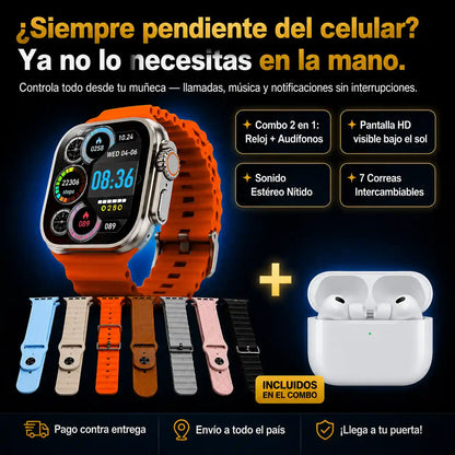 Smartwatch T1000 Ultramax +audifonos Airpods + 7 correas intercambiales + caja de presentación