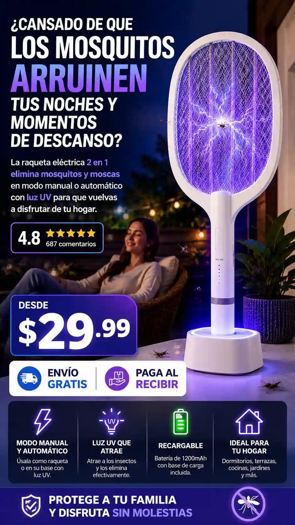 Raqueta eléctrica antimosquitos + base