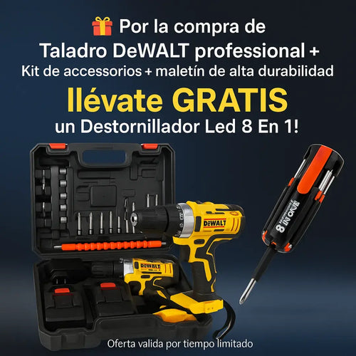 Taladro Dewalt 48V Pro + maletín + Kit de accesorios + destornillador 8 en 1 LED GRATIS