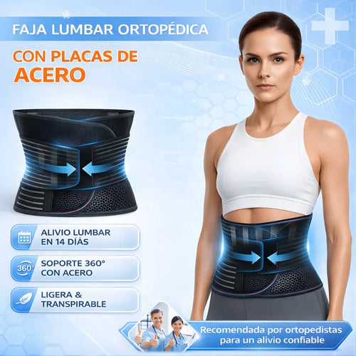 Soporte lumbar ortopédico premium + 5 placas de acero + compresión ajustable 360°