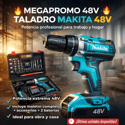 Taladro inalámbrico percutor Makita® + Maletin + 24 Accesorios + 2 Baterias 48 V