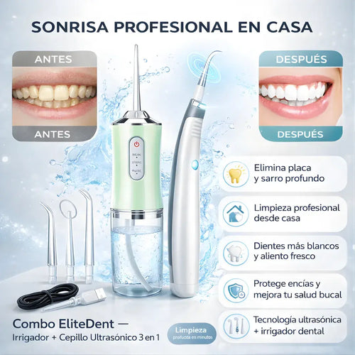 Combo EliteDent - Cepillo Ultrasónico 3 en 1 + Hirrigador dental + accesorios -Limpieza total