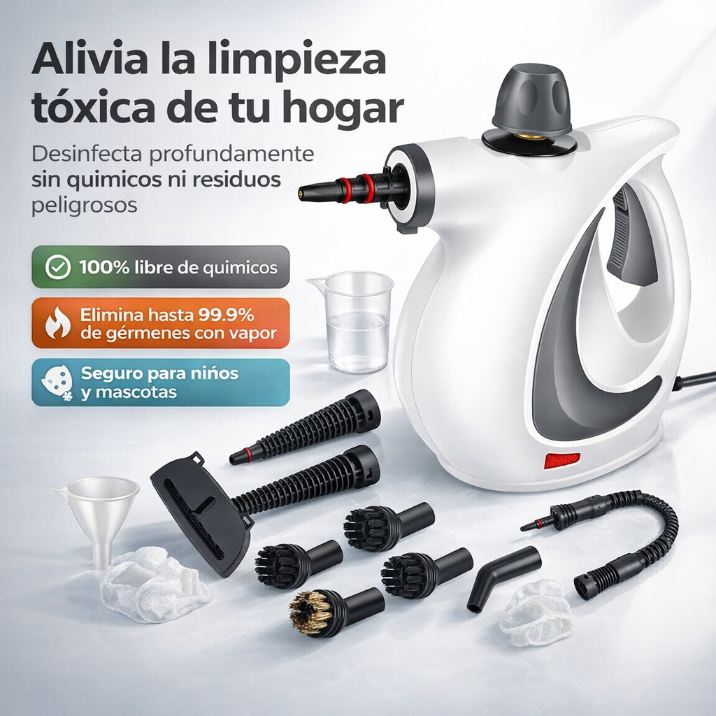 Limpiador a vapor multifuncional profesional + kit 8 accesorios - potencia 1050W