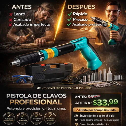 Pistola de clavos Pro-Impact + 5 Accesorios de Alto Rendimiento+ Maletin de alta durabilidad