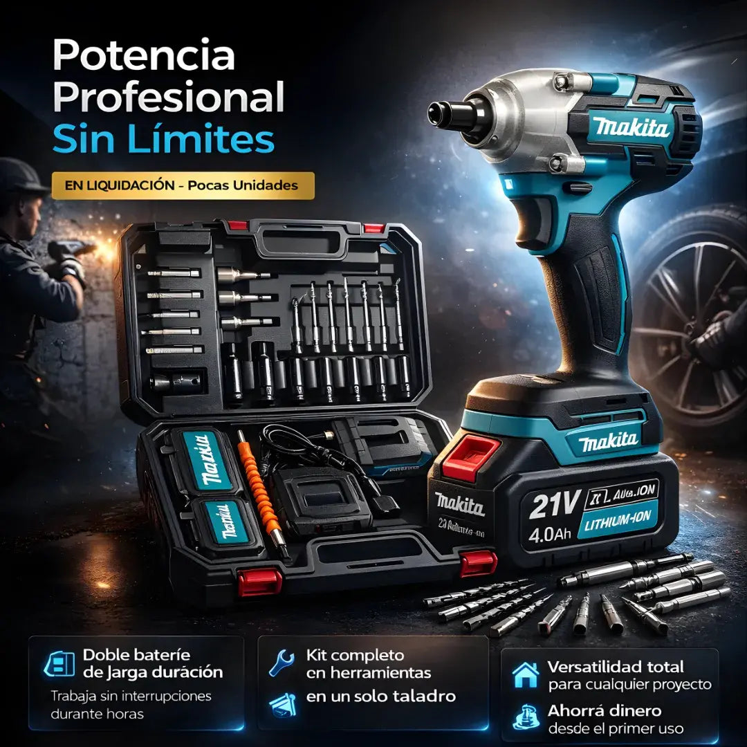 Taladro 3 en 1 de impacto Makita 21V + Doble batería + 23 accesorio + Maletín protector