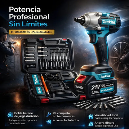 Taladro 3 en 1 de impacto Makita 21V + Doble batería + 23 accesorio + Maletín protector