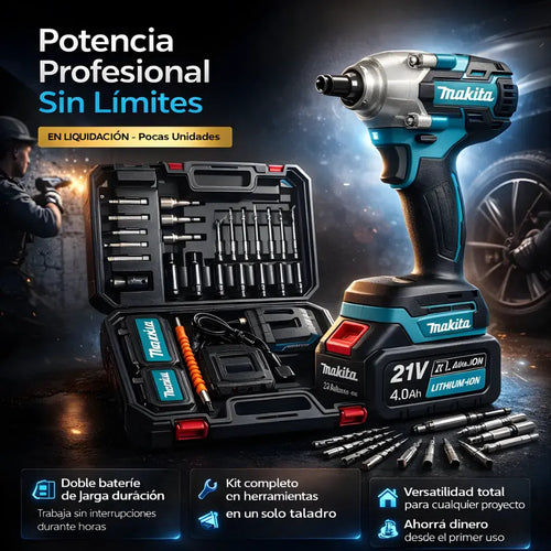 Taladro 3 en 1 de impacto Makita 21V + Doble batería + 23 accesorio + Maletín protector