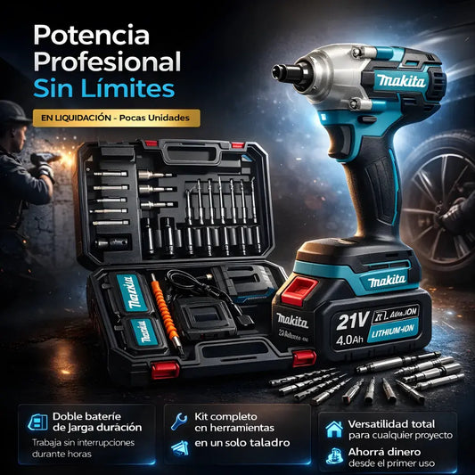 Taladro 3 en 1 de impacto Makita 21V + Doble batería + 23 accesorio + Maletín protector