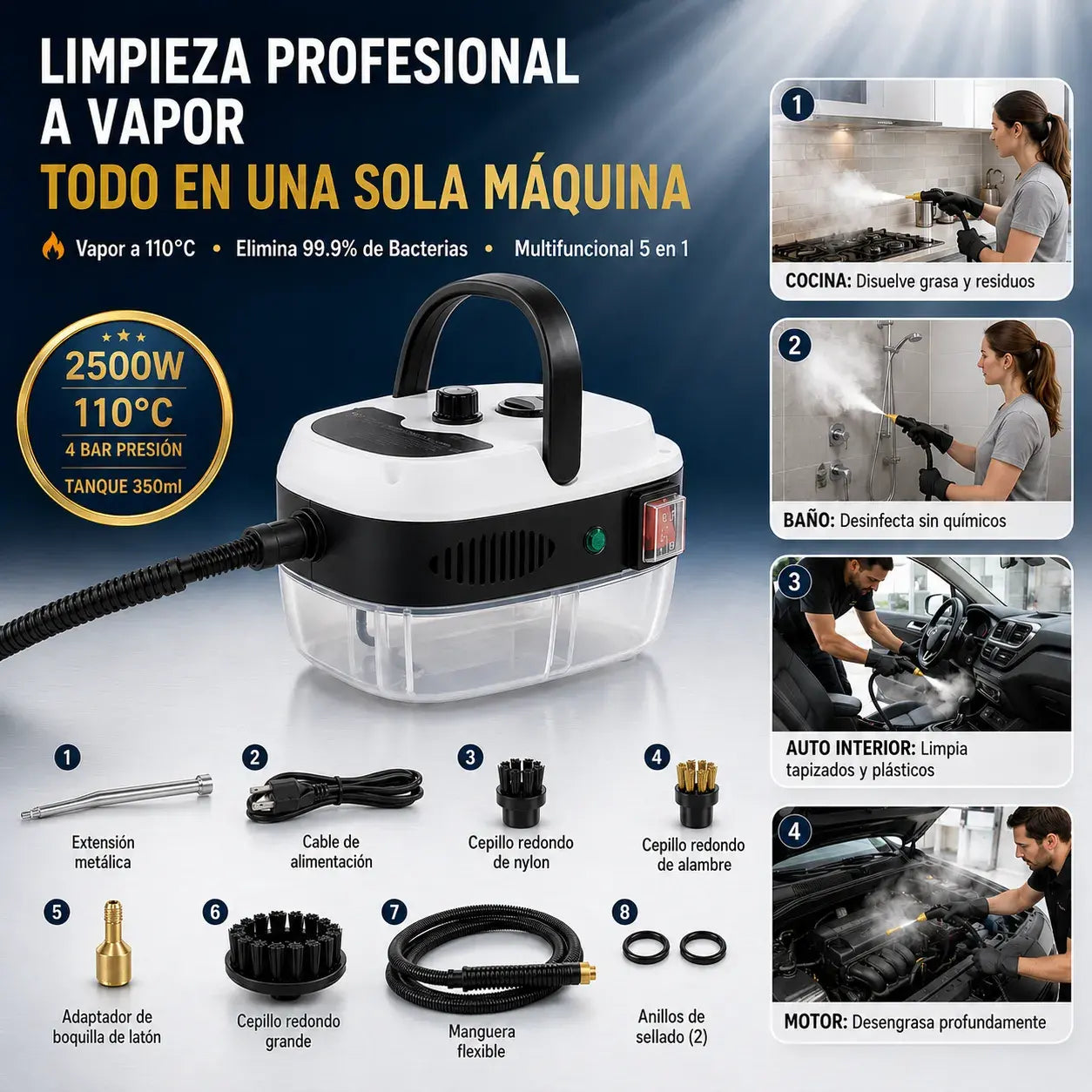 Limpiador de Vapor Profesional +Accesorios de limpieza -Limpieza profunda sin químicos
