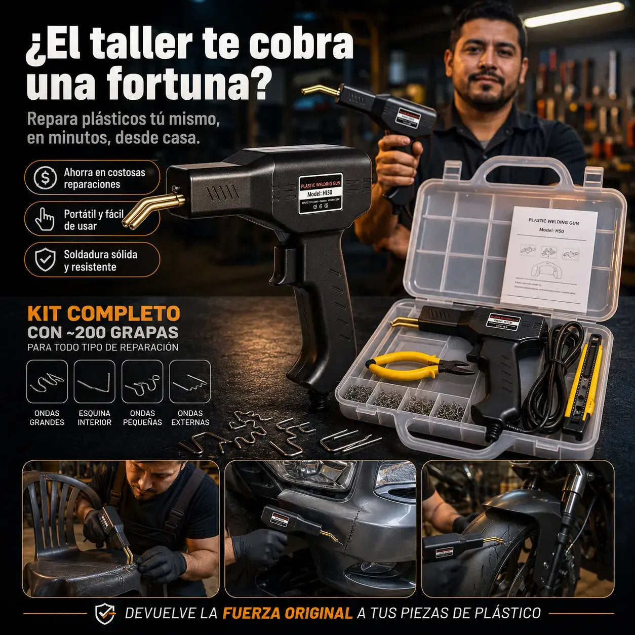 Kit de soldadura profesional para plásticos + 200 grapas + alicate + cutter + estuche