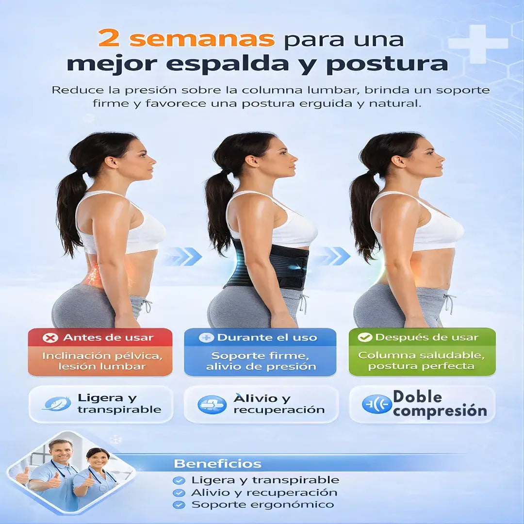 Soporte lumbar ortopédico premium + 5 placas de acero + compresión ajustable 360°