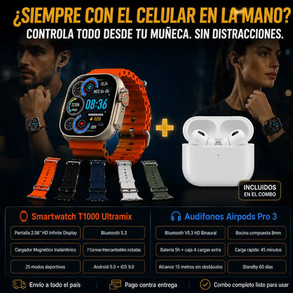 Smartwatch T1000 Ultramax +audifonos Airpods + 7 correas intercambiales + caja de presentación