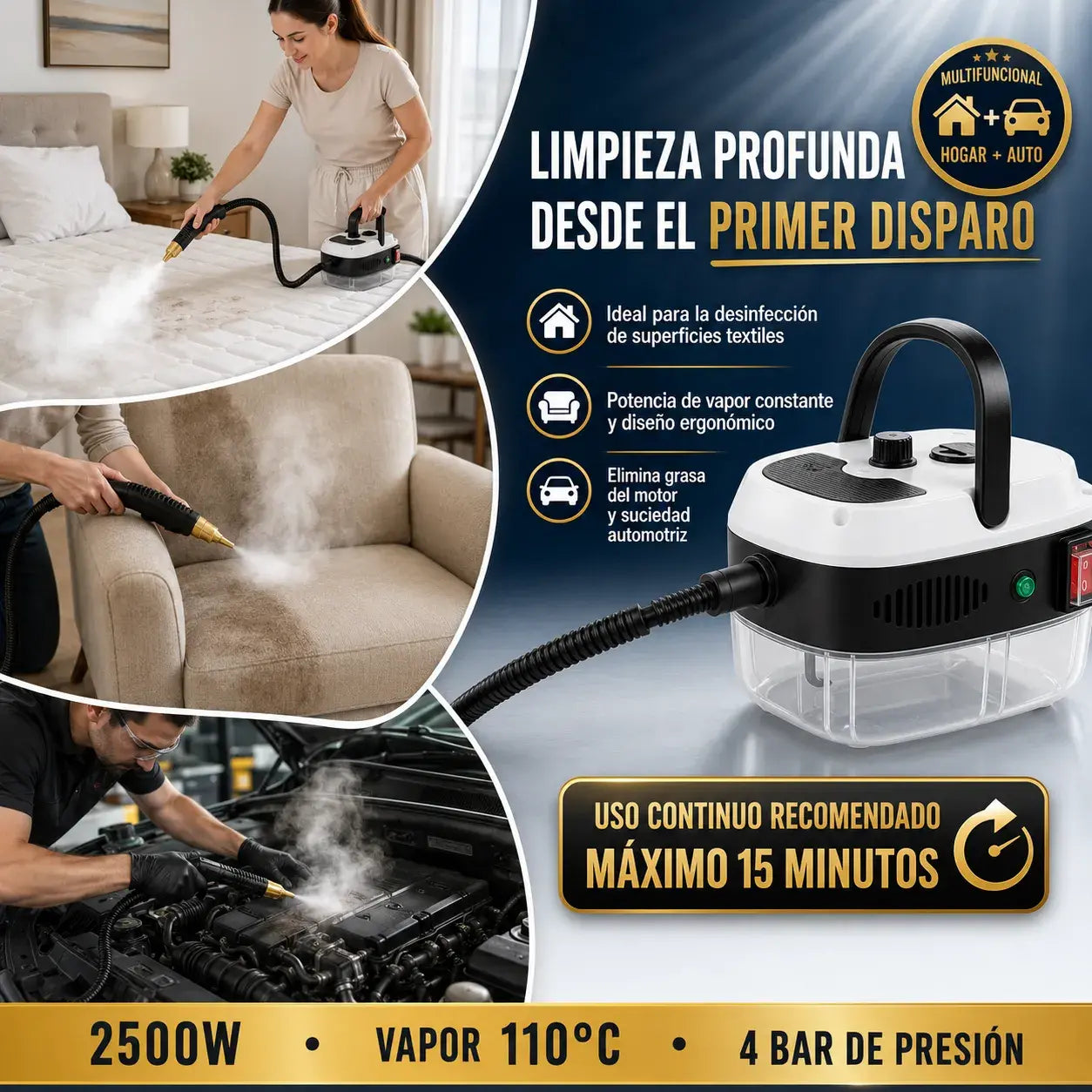 Limpiador de Vapor Profesional +Accesorios de limpieza -Limpieza profunda sin químicos