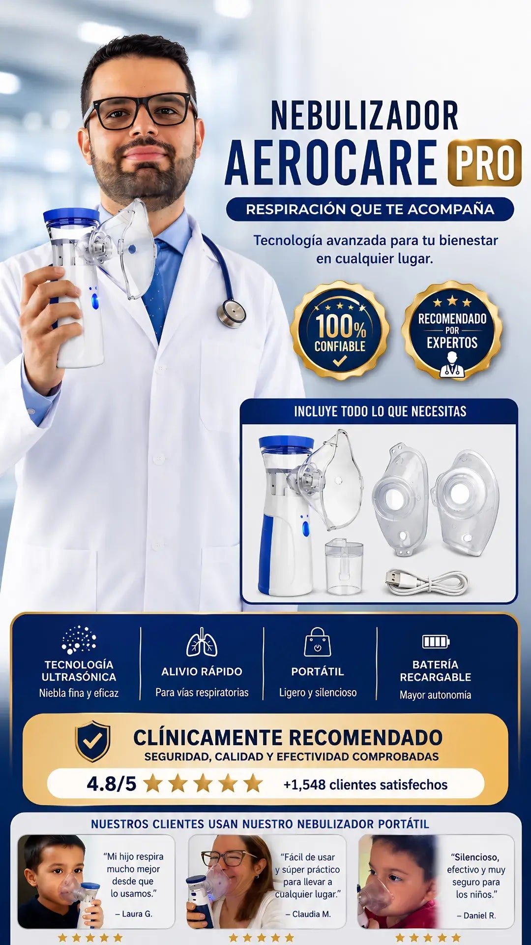 Nebulizador Ultrasónico Pro-Alivio Inmediato+ Kit de accesorios - Uso Inalámbrico