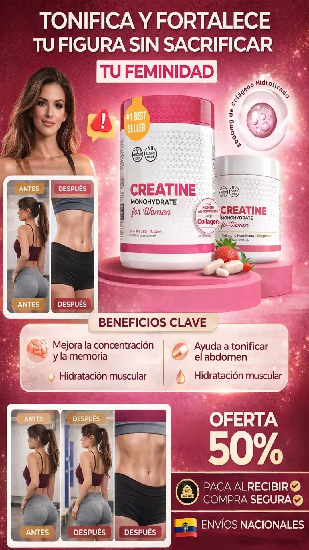 Creatina Old School + Colágeno y Magnesio + Glúteos y Abdomen + Enfoque Mental