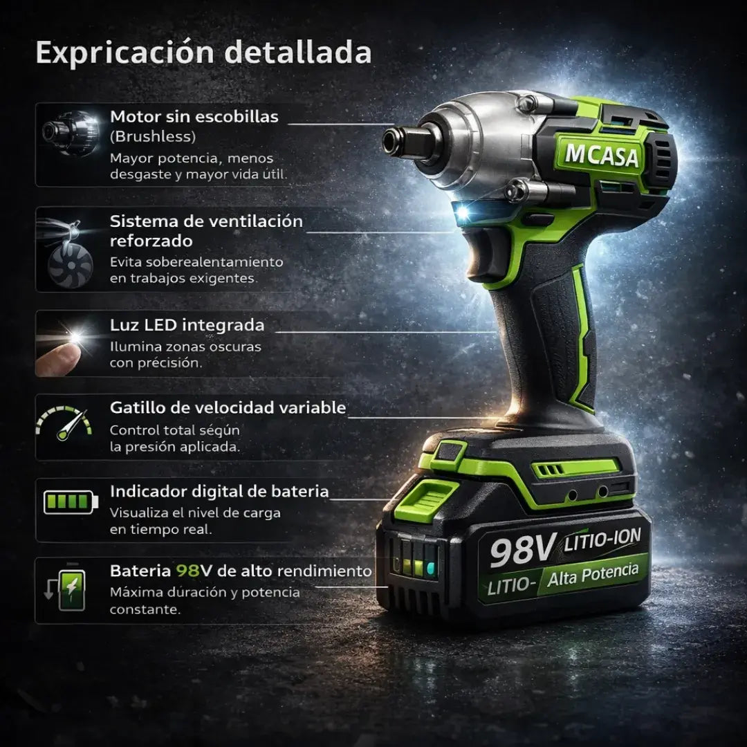 Llave de Impacto Industrial MSA 800 3 en 1 + 2 baterías de 98v + 24 accesorios + Maletín
