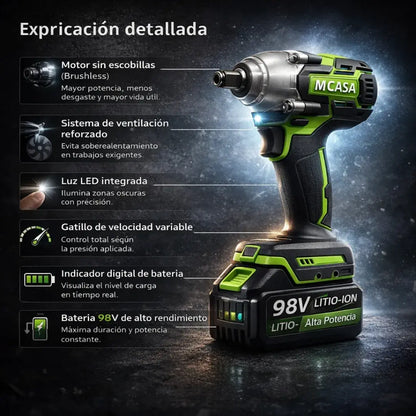 Llave de Impacto Industrial MSA 800 3 en 1 + 2 baterías de 98v + 24 accesorios + Maletín
