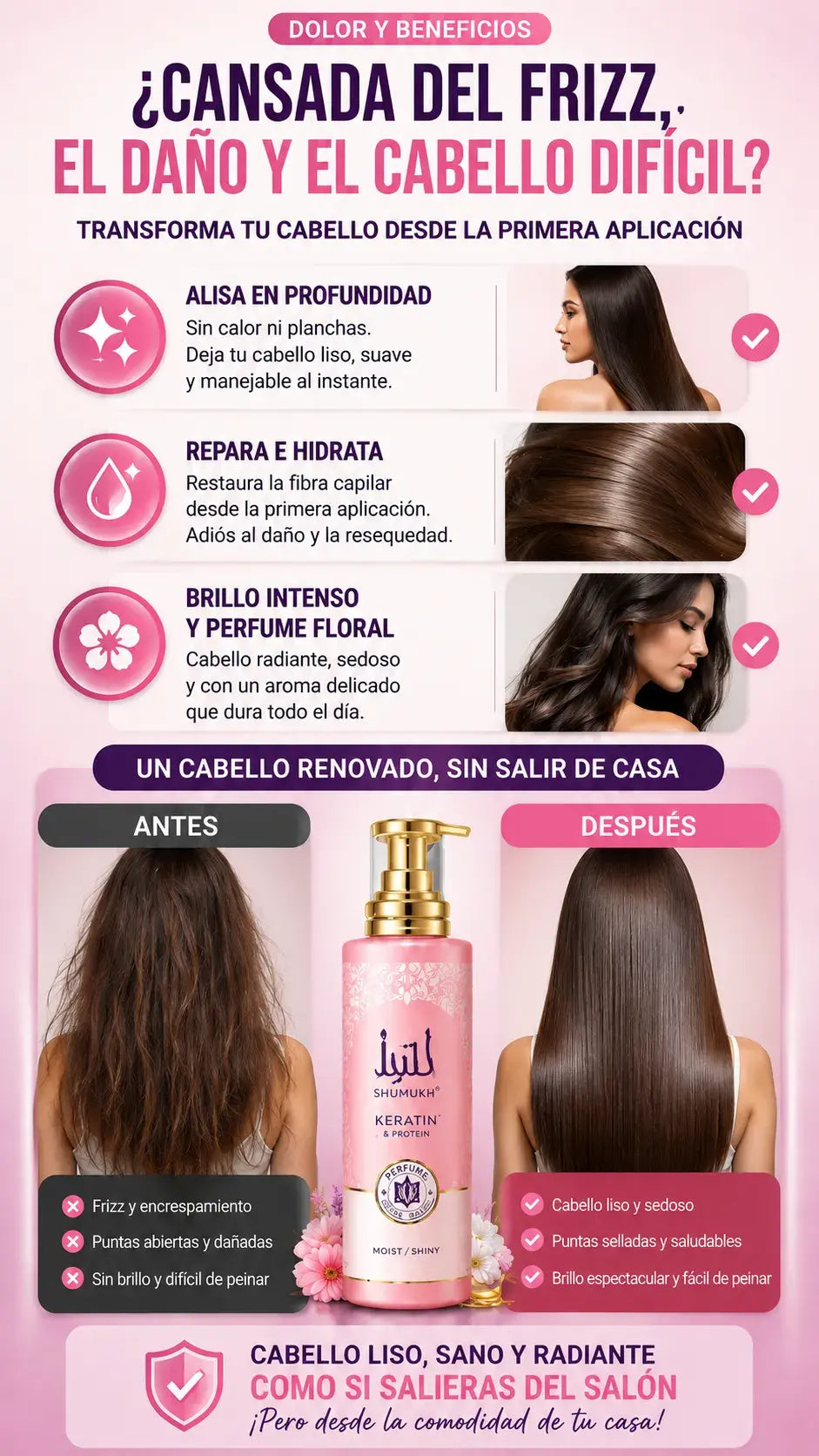 Crema Alisadora Shumukh Keratin & Protein + Fórmula 6 en 1 + Sin Calor + Perfume Floral