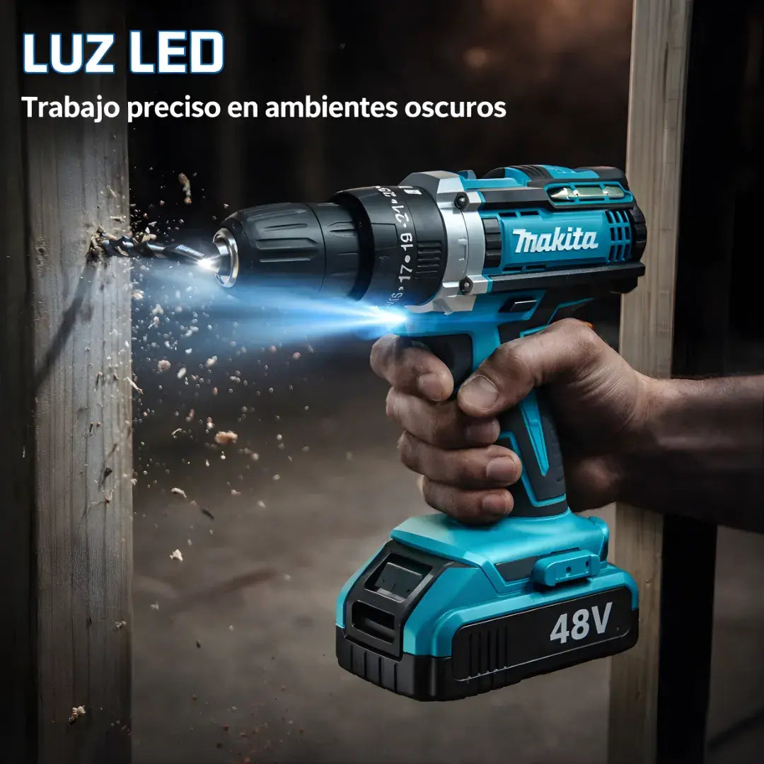 Taladro inalámbrico percutor Makita® + Maletin + 24 Accesorios + 2 Baterias 48 V