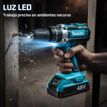Taladro inalámbrico percutor Makita® + Maletin + 24 Accesorios + 2 Baterias 48 V
