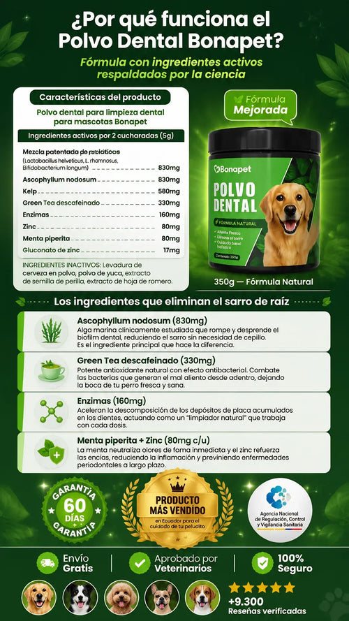 Polvo dental para perros Bonapet -fórmula natural - recomendado por veterinarios