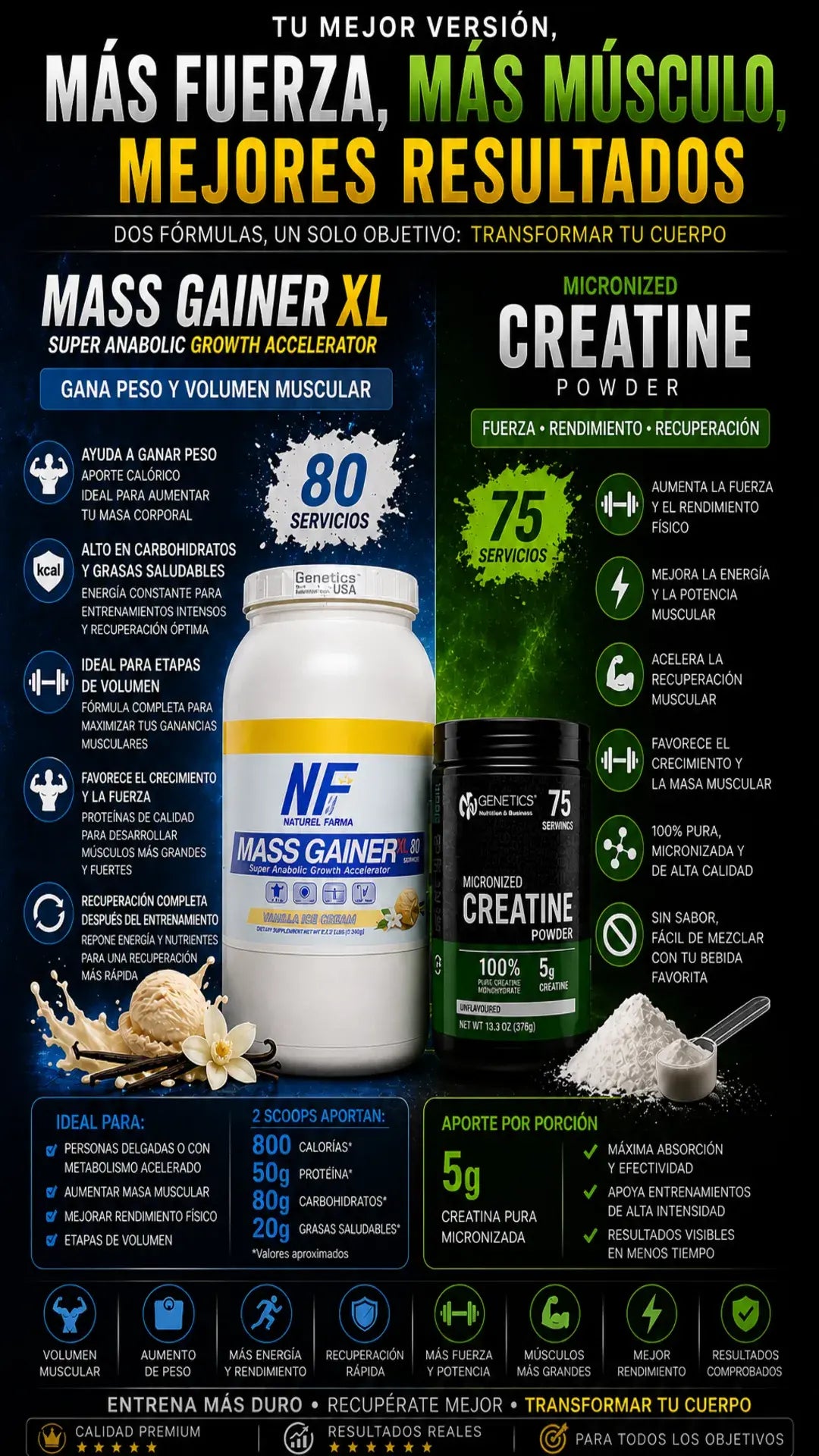 Combo Evolución Muscle + Gainer 4.4lb + Creatina NF + Máximo Volumen y Fuerza
