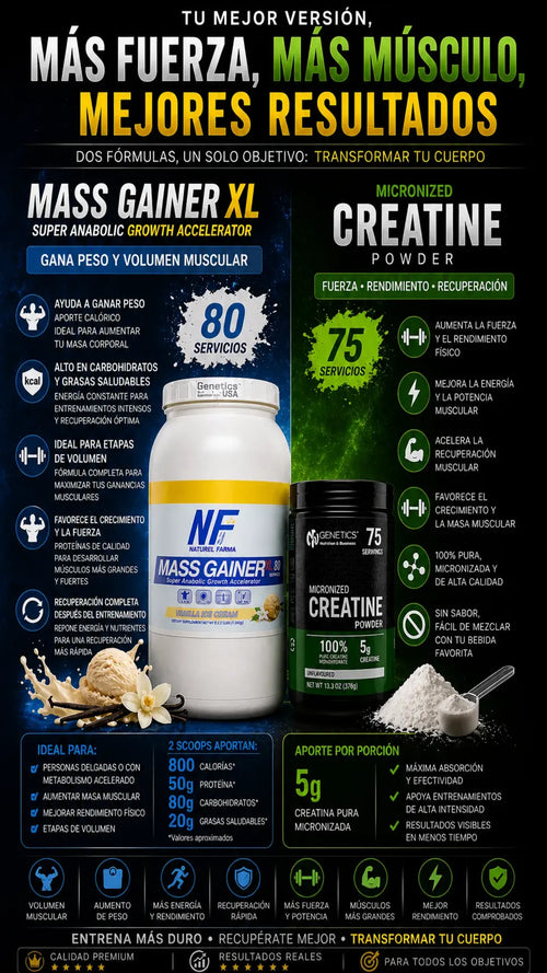 Combo Evolución Muscle + Gainer 4.4lb + Creatina NF + Máximo Volumen y Fuerza