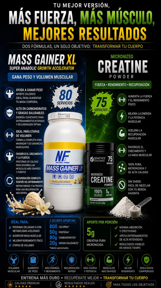 Combo Evolución Muscle + Gainer 4.4lb + Creatina NF + Máximo Volumen y Fuerza