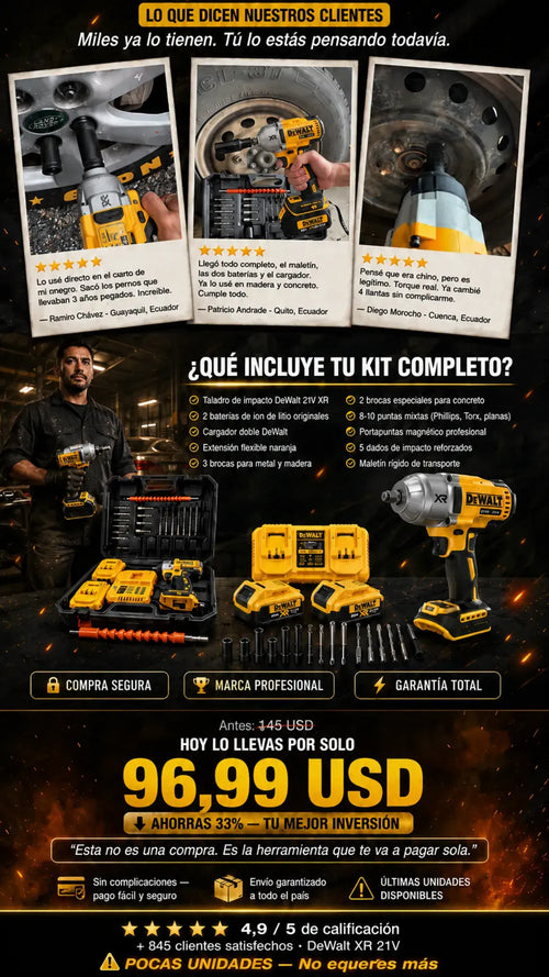 Kit Taladro Impacto DeWalt 21V + 2 baterías litio + 21 accesorios + maletín profesional