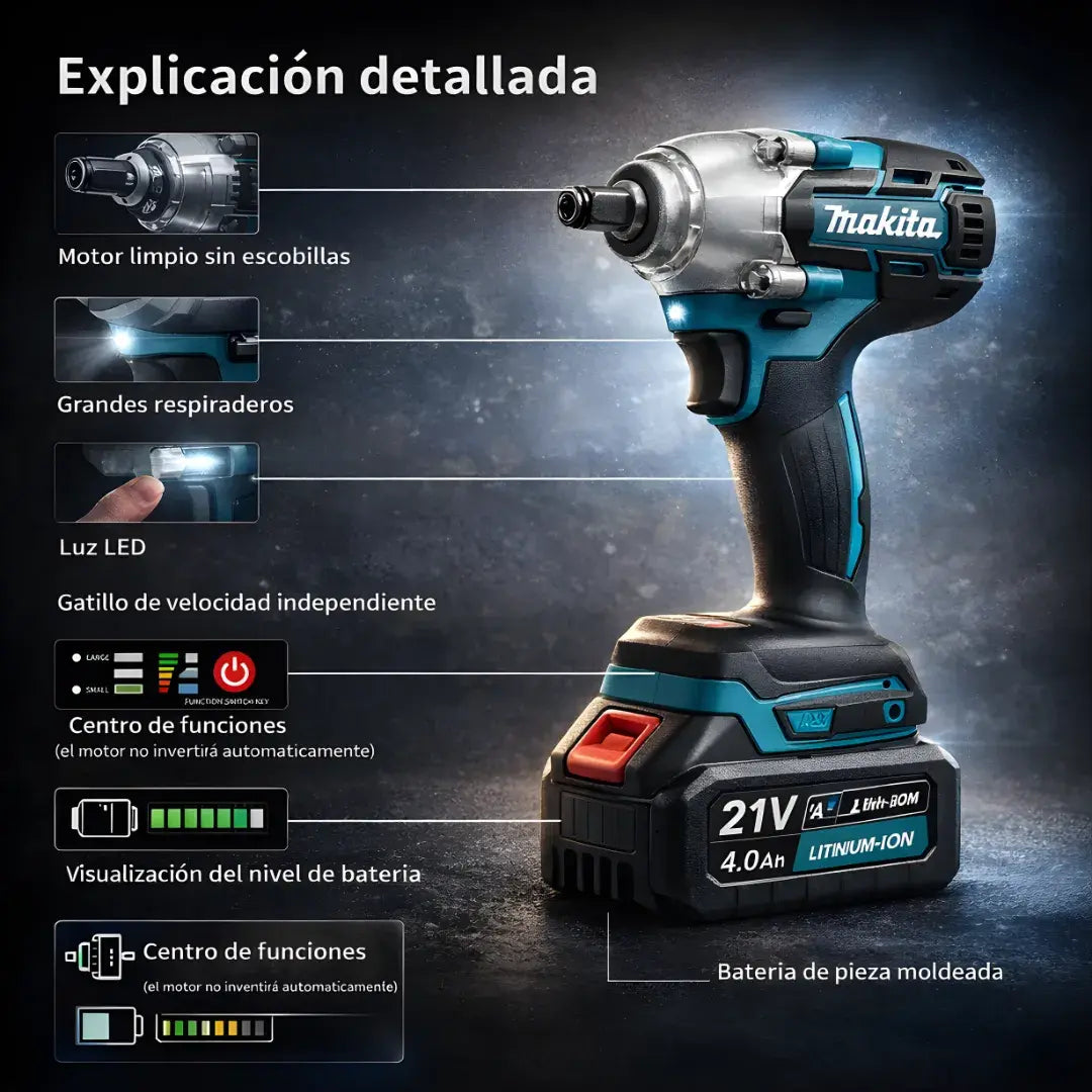 Taladro 3 en 1 de impacto Makita 21V + Doble batería + 23 accesorio + Maletín protector