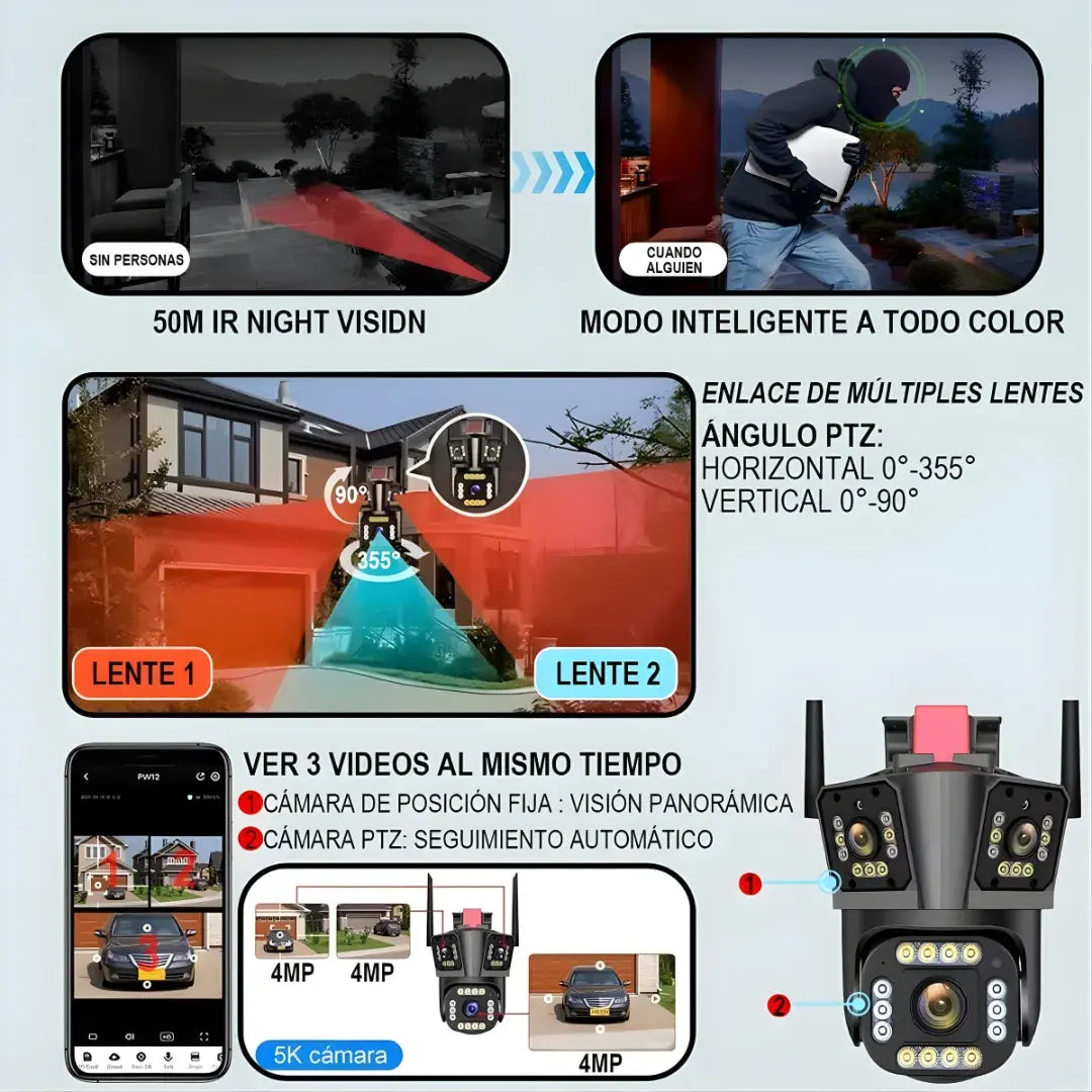Cámara de Seguridad WiFi Pro 3 Lentes + visión nocturna HD + monitoreo remoto