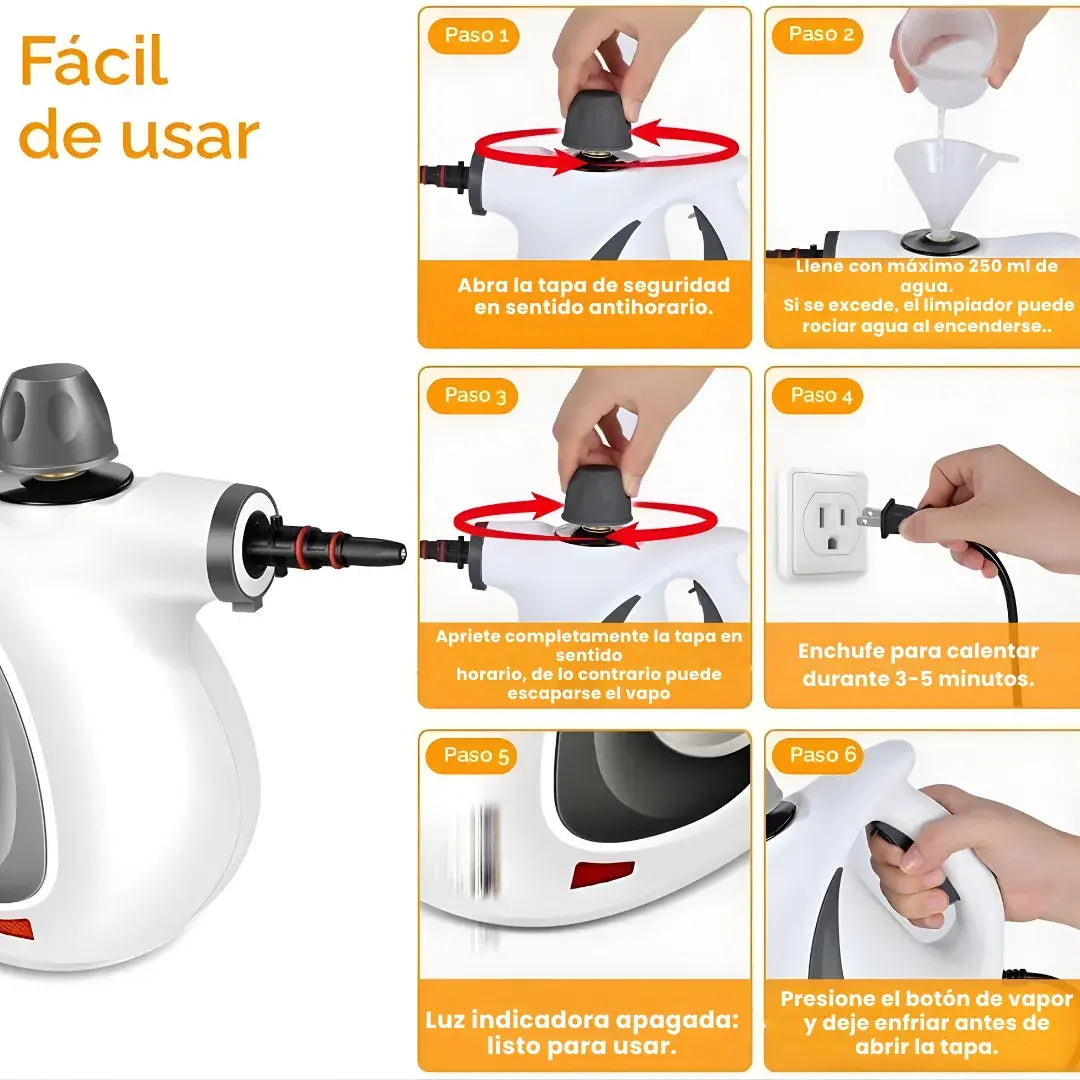 Limpiador a vapor multifuncional profesional + kit 8 accesorios - potencia 1050W