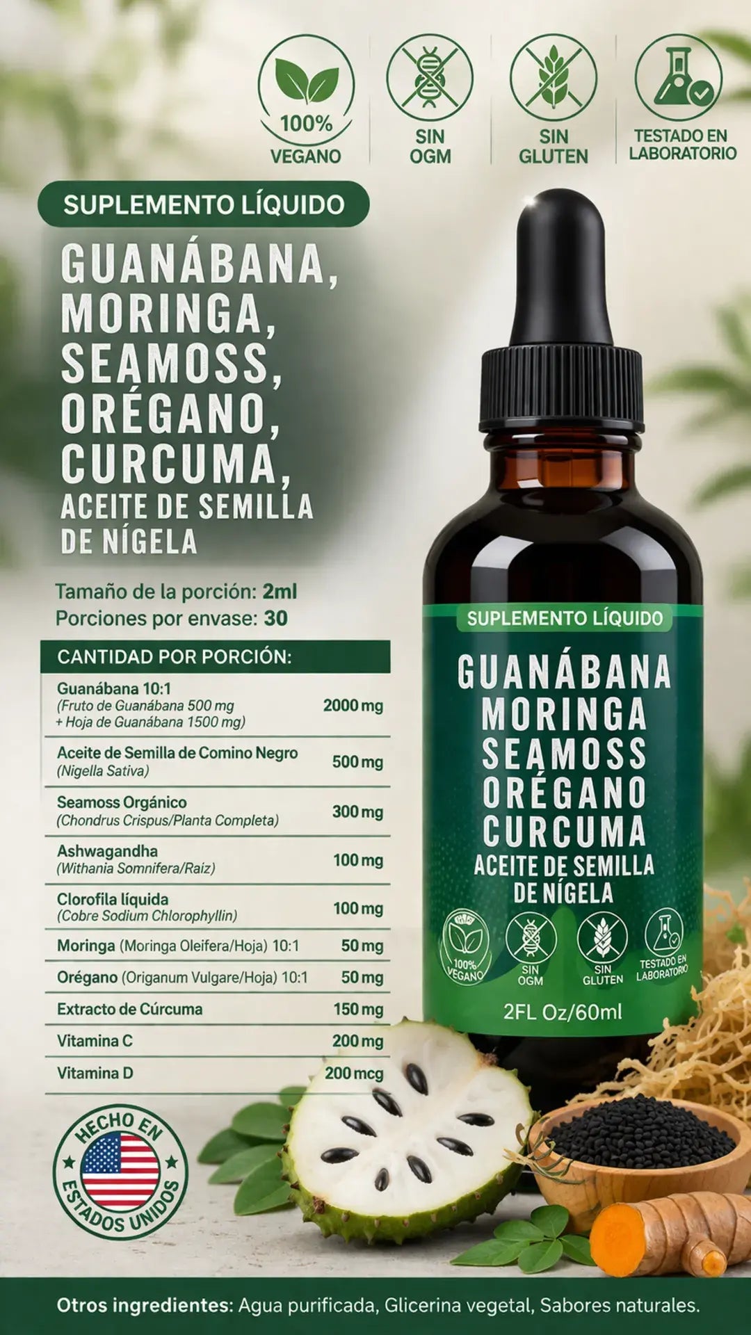 Gotas elixir de Guanábana 10-en-1  + 92 Minerales - Enfoque & Inmunidad