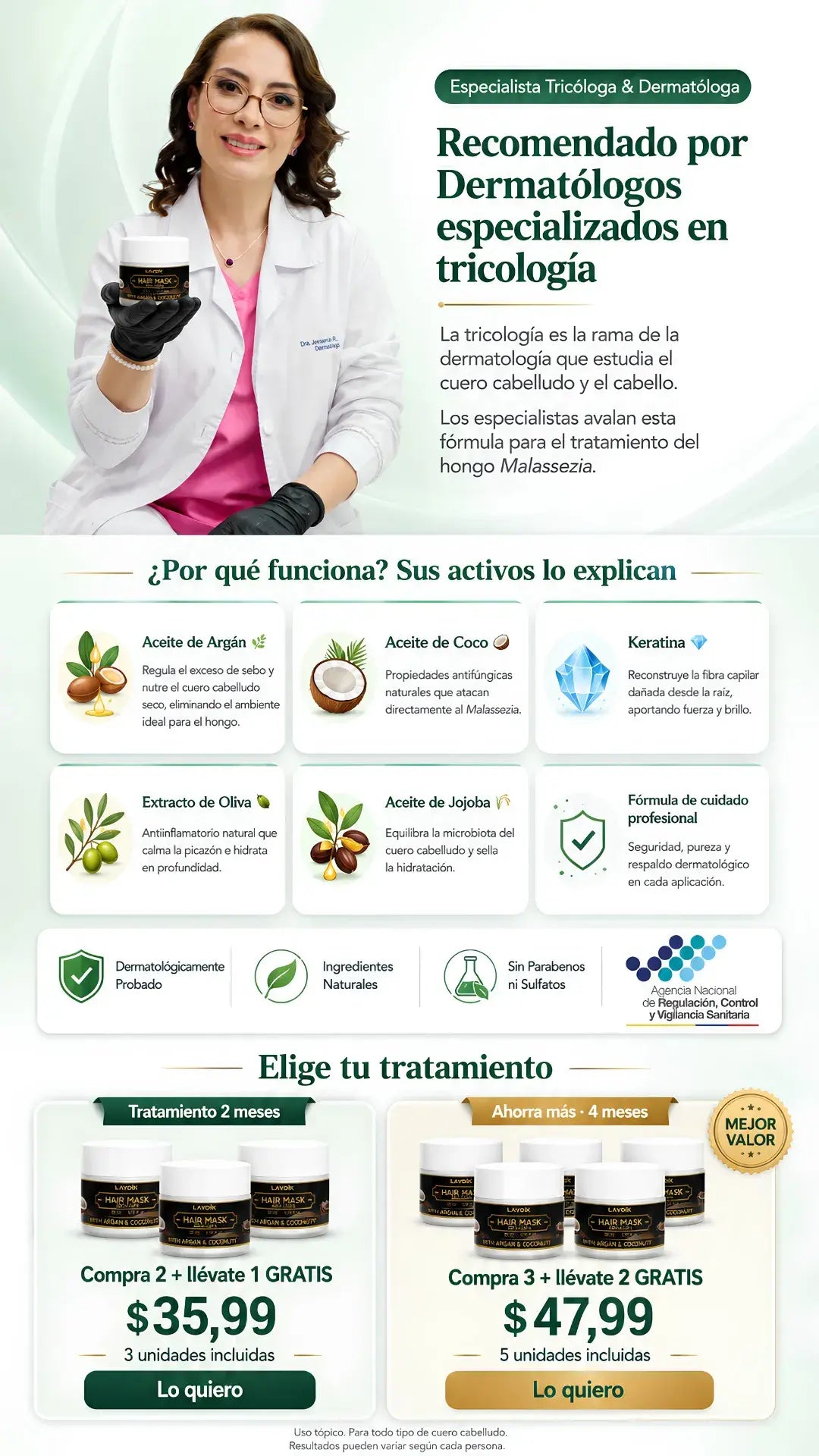 Mascarilla Lavdík Anticaspa - Keratina & Coco - Elimina Caspa y fortalece el pelo - Oferta 3 x2
