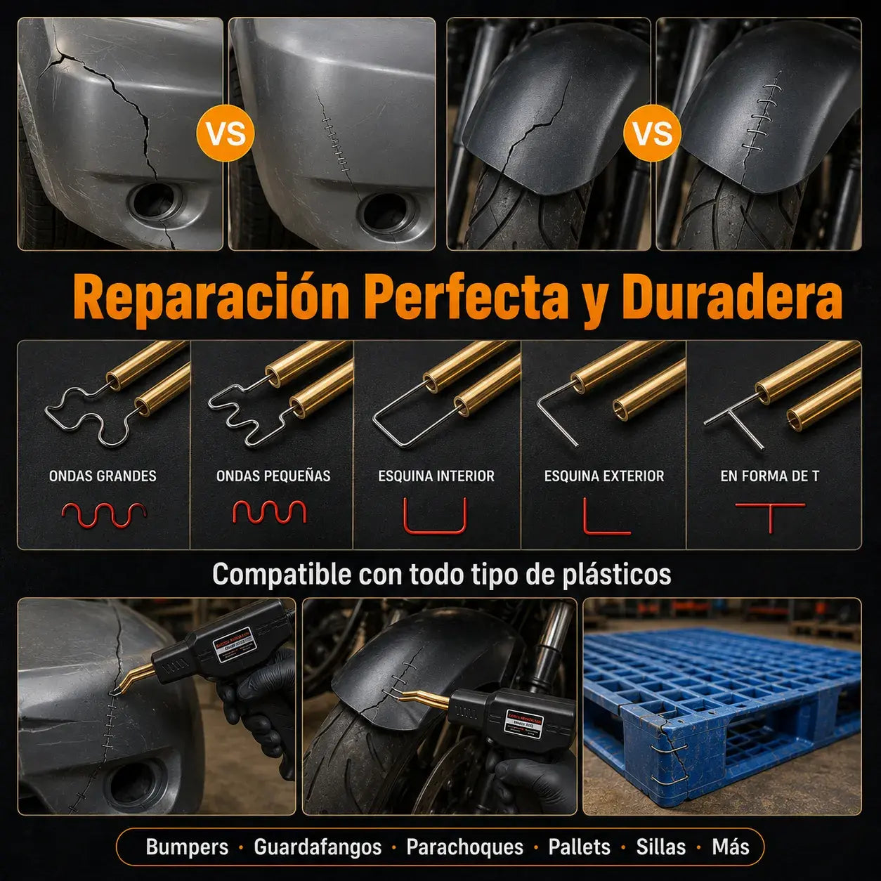 Kit de soldadura profesional para plásticos + 200 grapas + alicate + cutter + estuche
