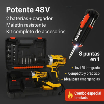 Taladro Dewalt 48V Pro + maletín + Kit de accesorios + destornillador 8 en 1 LED GRATIS