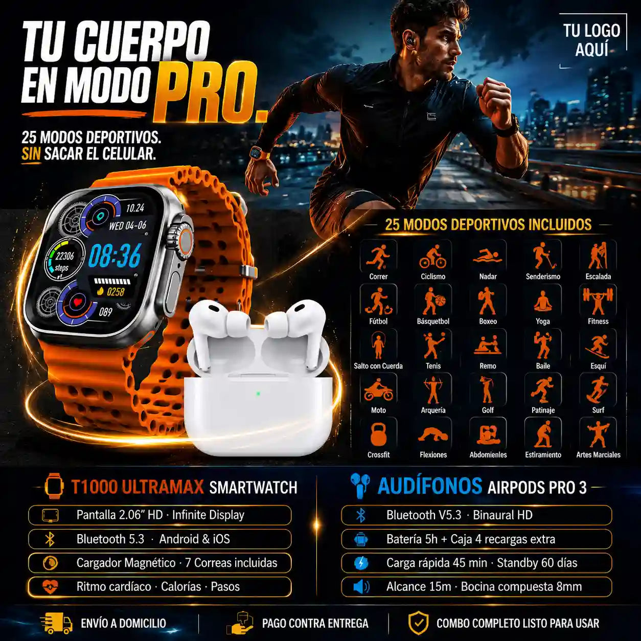 Smartwatch T1000 Ultramax +audifonos Airpods + 7 correas intercambiales + caja de presentación