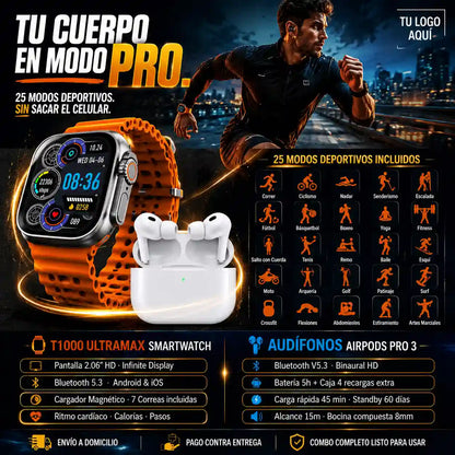 Smartwatch T1000 Ultramax +audifonos Airpods + 7 correas intercambiales + caja de presentación