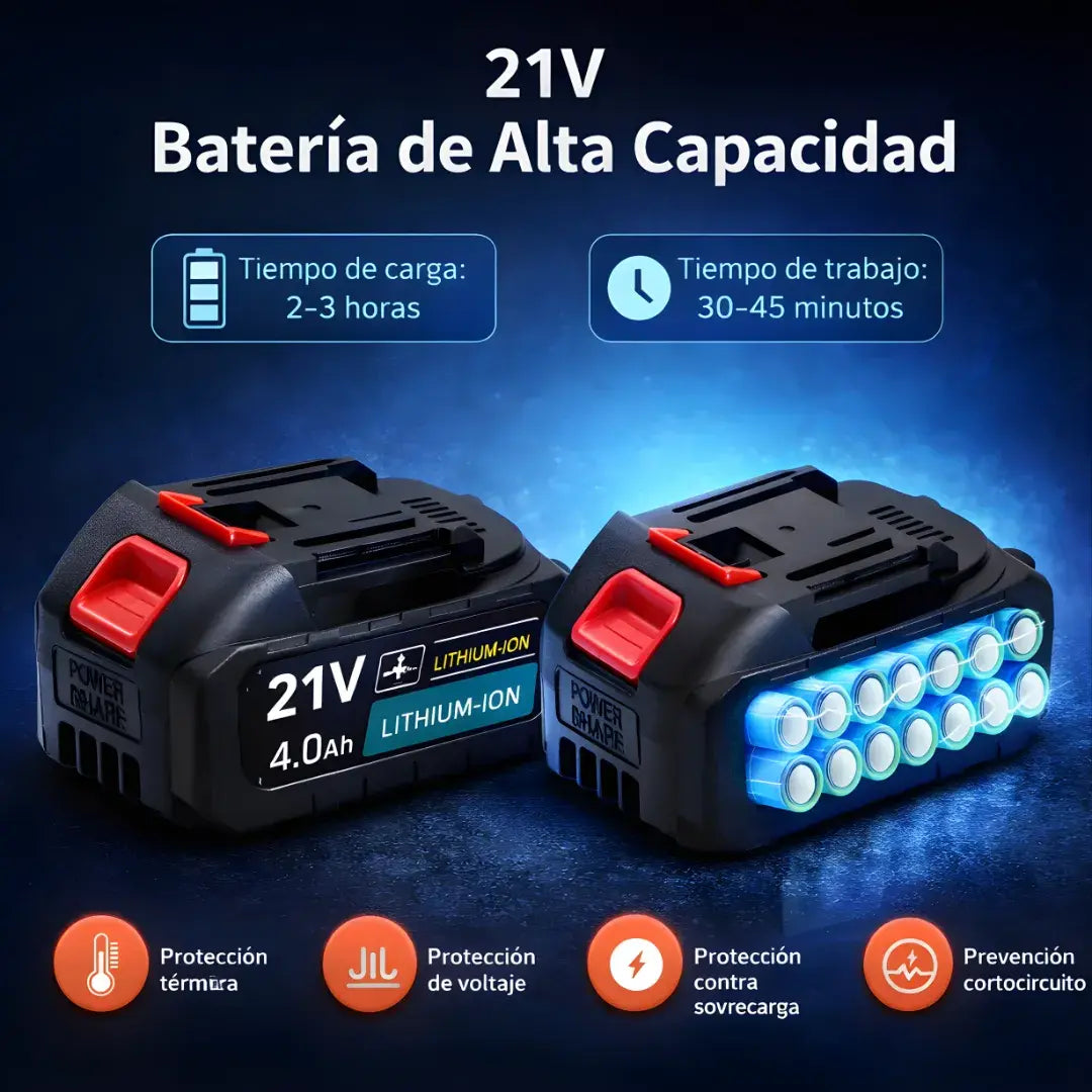Taladro 3 en 1 de impacto Makita 21V + Doble batería + 23 accesorio + Maletín protector