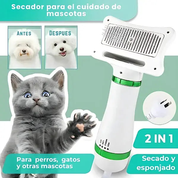 Cepillo Secador Profesional 2 en 1 para Mascotas | Masaje Relajante Antiestrés