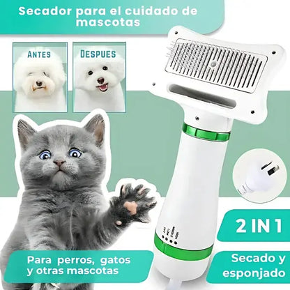 Cepillo Secador Profesional 2 en 1 para Mascotas | Masaje Relajante Antiestrés