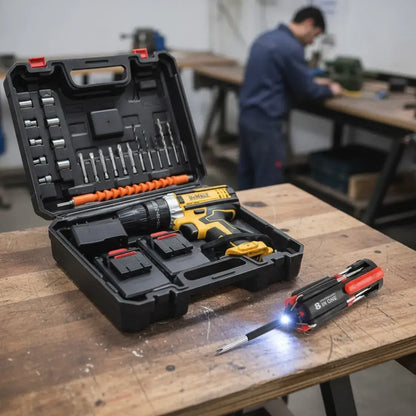 Taladro Dewalt 48V Pro + maletín + Kit de accesorios + destornillador 8 en 1 LED GRATIS