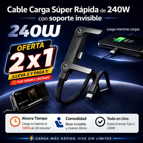 Cable de carga 240W ultra rápido + soporte integrado + doble Tipo-C -oferta 2 x 1