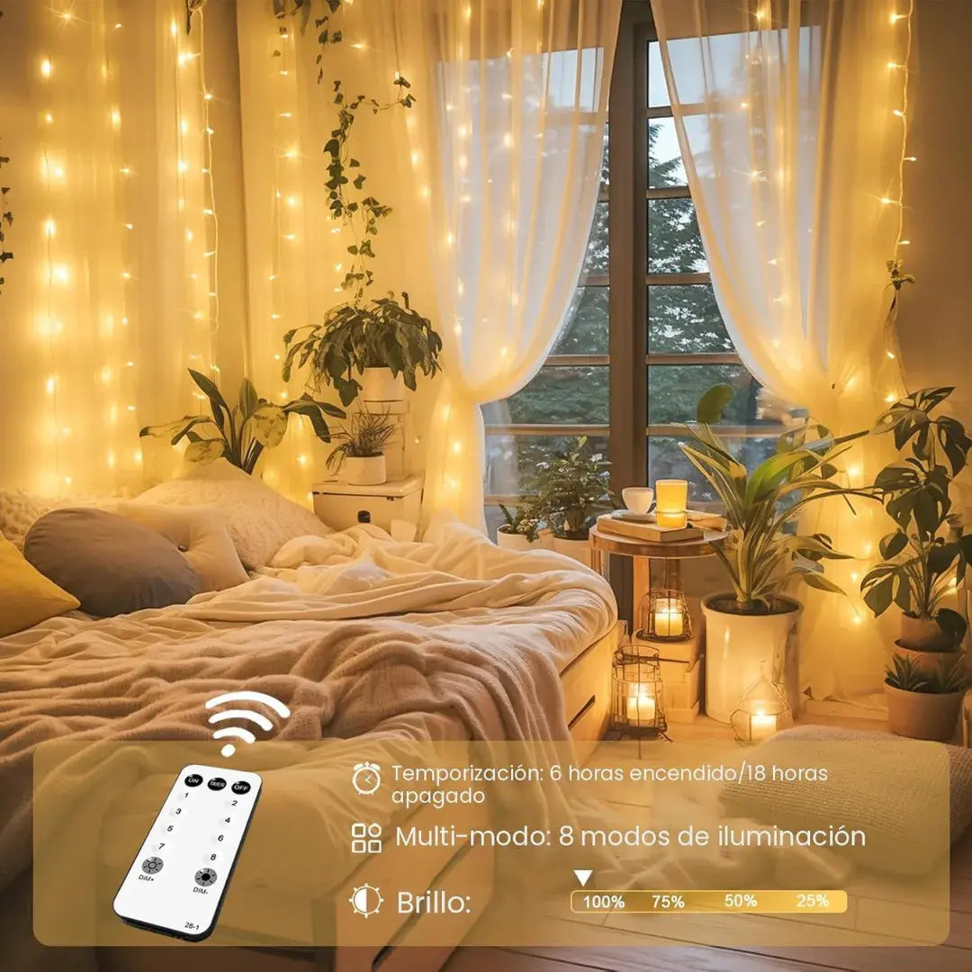 Cortina LED decorativa 3x3m + luz cálida profesional + control inalámbrico+ 8 modos de luces