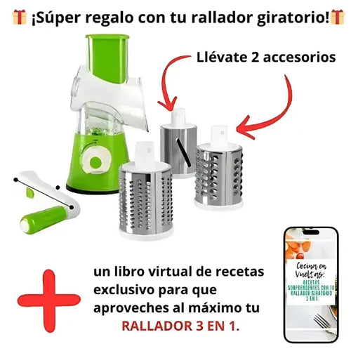 Rallador Giratorio Pro + 3 Cuchillas + Ebook de Recetas