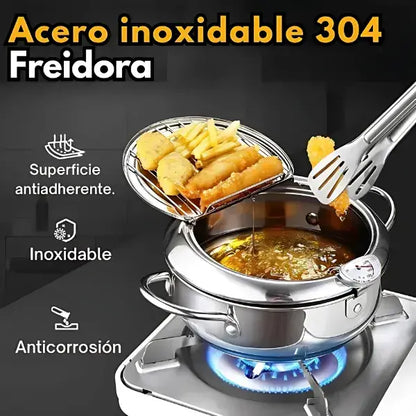 Freidora Tempura Japonesa de Acero Inoxidable + Control de Temperatura + Filtro de Aceite Premium 3.2L